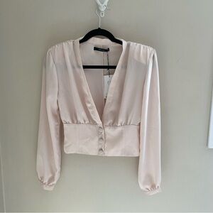 Deluc Alessi V-Neck Satin Blouse in Pearl, NWT